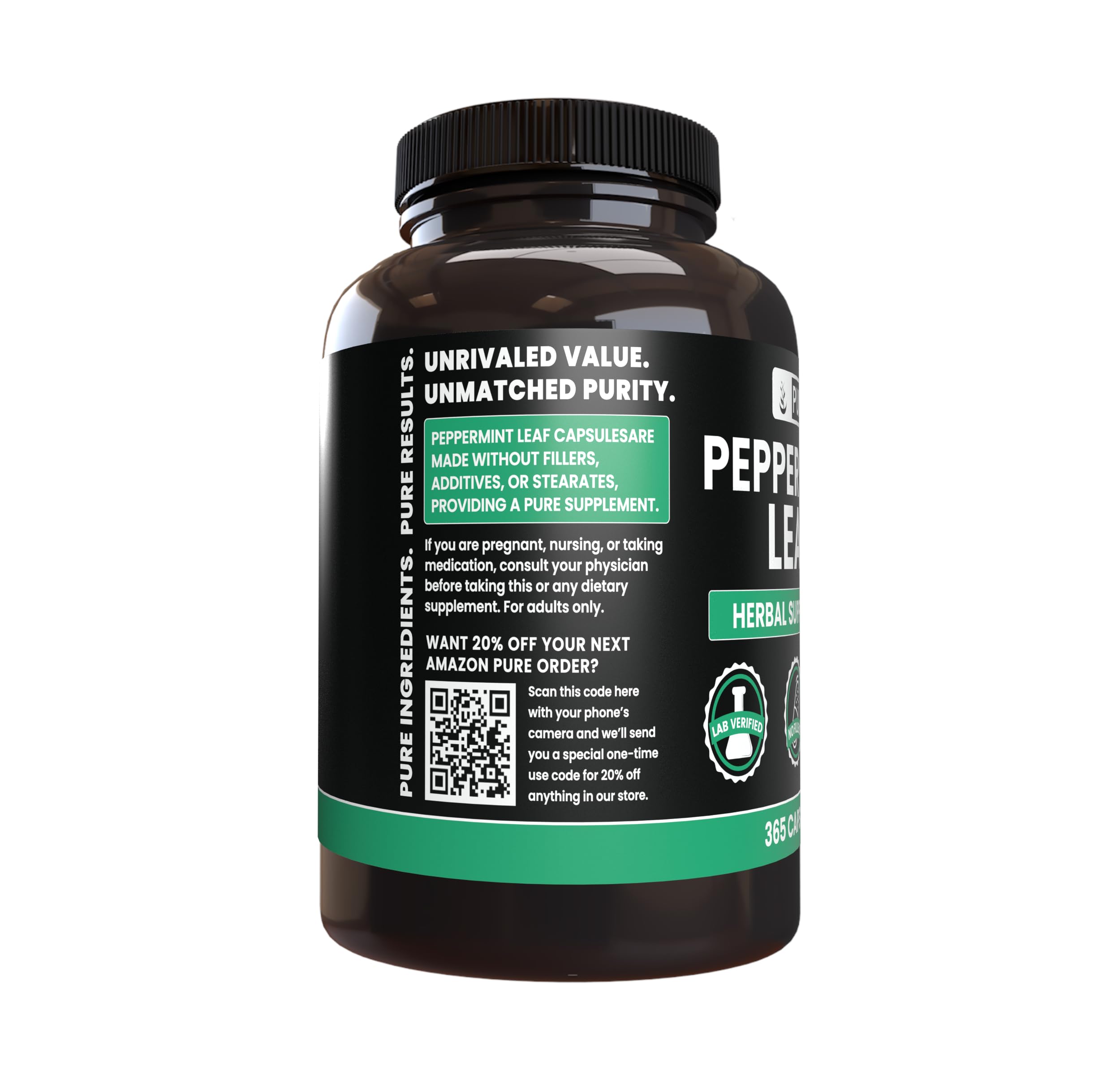 Pure Original Ingredients Peppermint Leaf capsules bottle label shows no additives for clean ingredients.