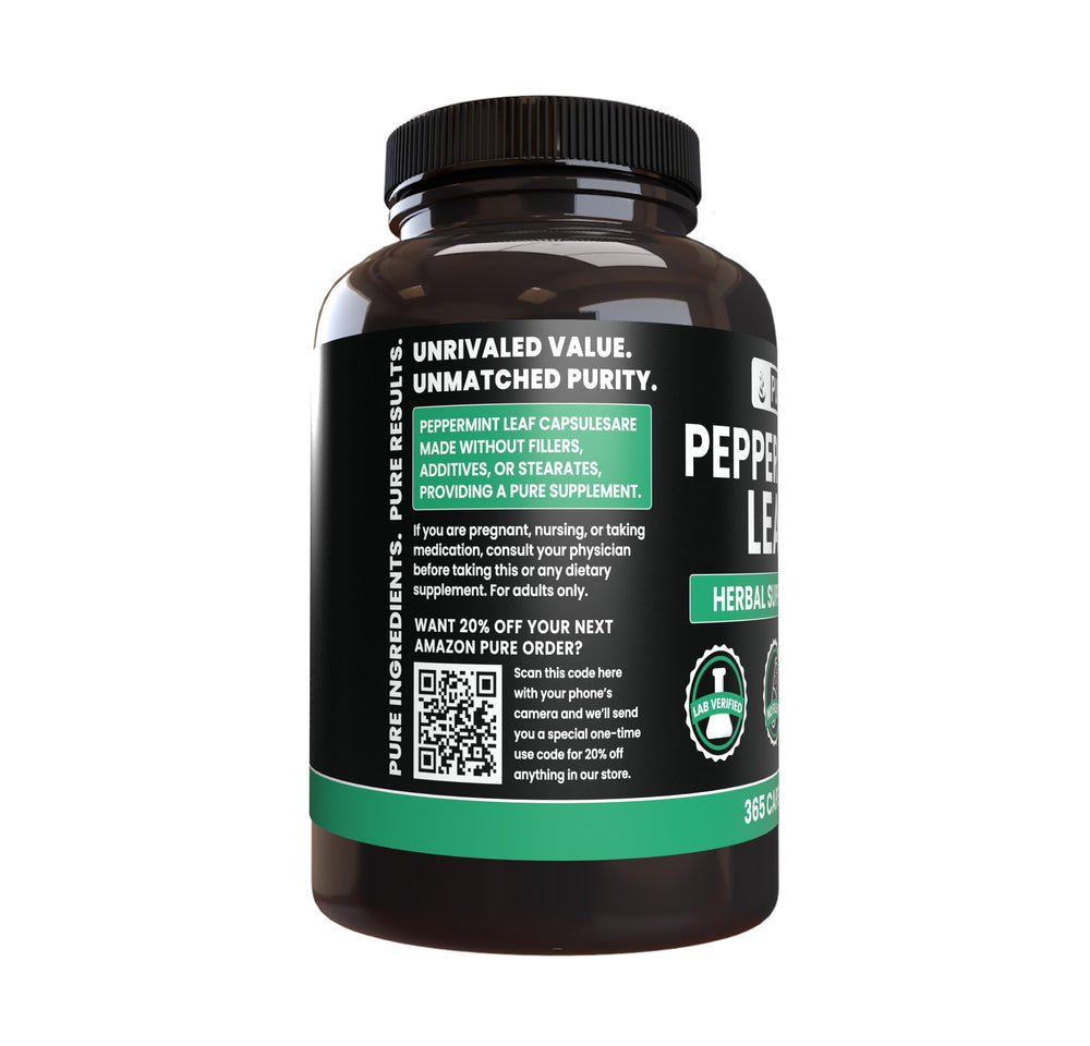 Pure Original Ingredients Peppermint Leaf capsules bottle label shows no additives for clean ingredients.