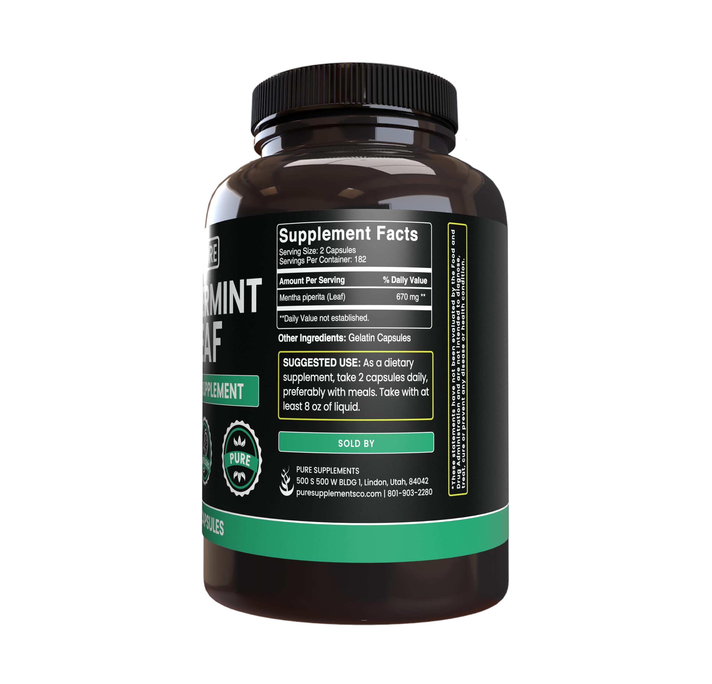 Pure Original Ingredients Peppermint Leaf capsules close-up emphasizes a single-ingredient formula.