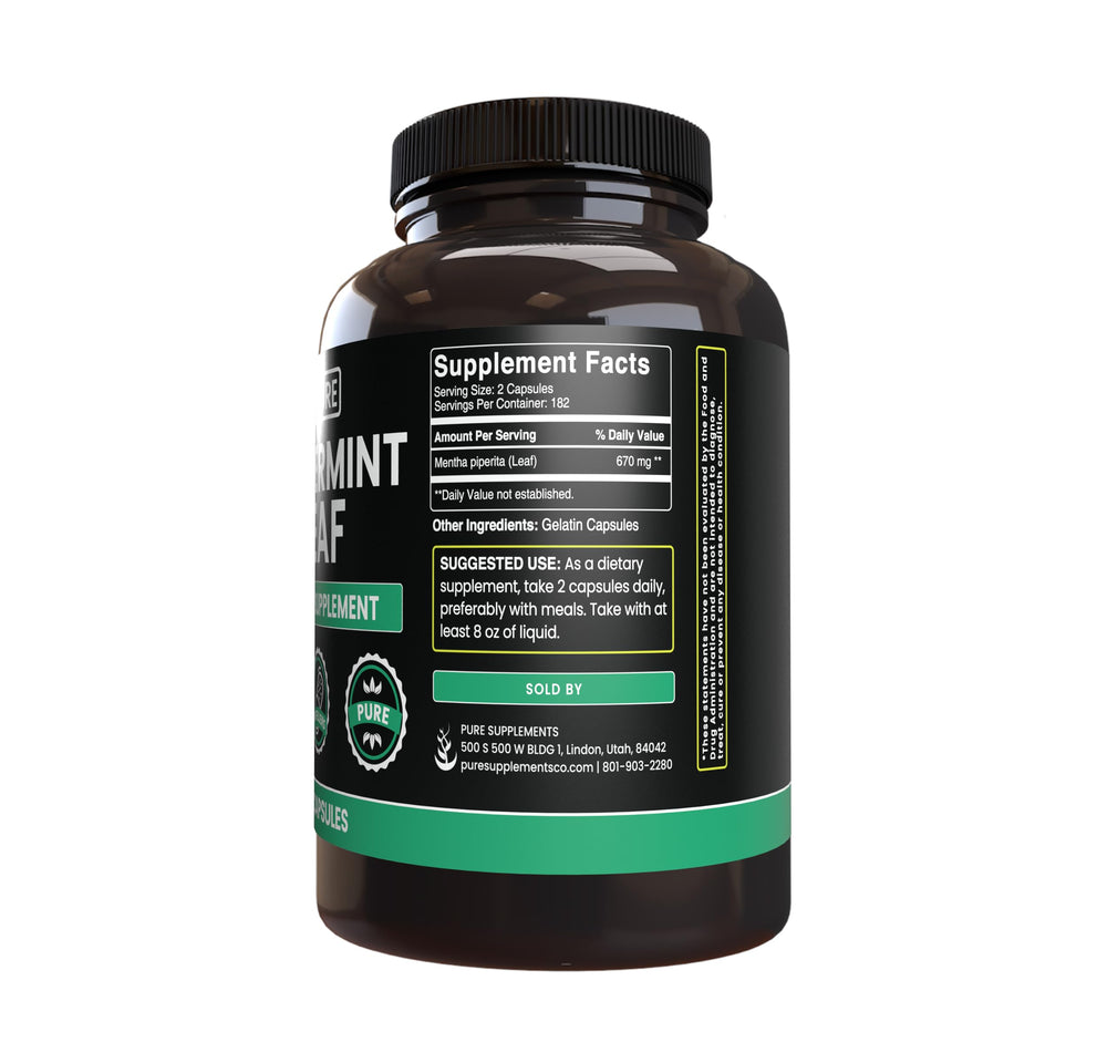 Pure Original Ingredients Peppermint Leaf capsules close-up emphasizes a single-ingredient formula.