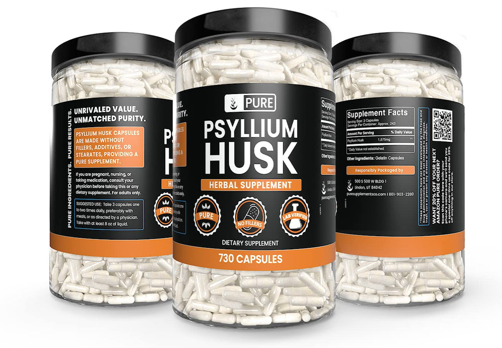 PURE ORIGINAL INGREDIENTS Psyllium husk capsules closeup demonstrates pure single-ingredient capsules for daily fiber.