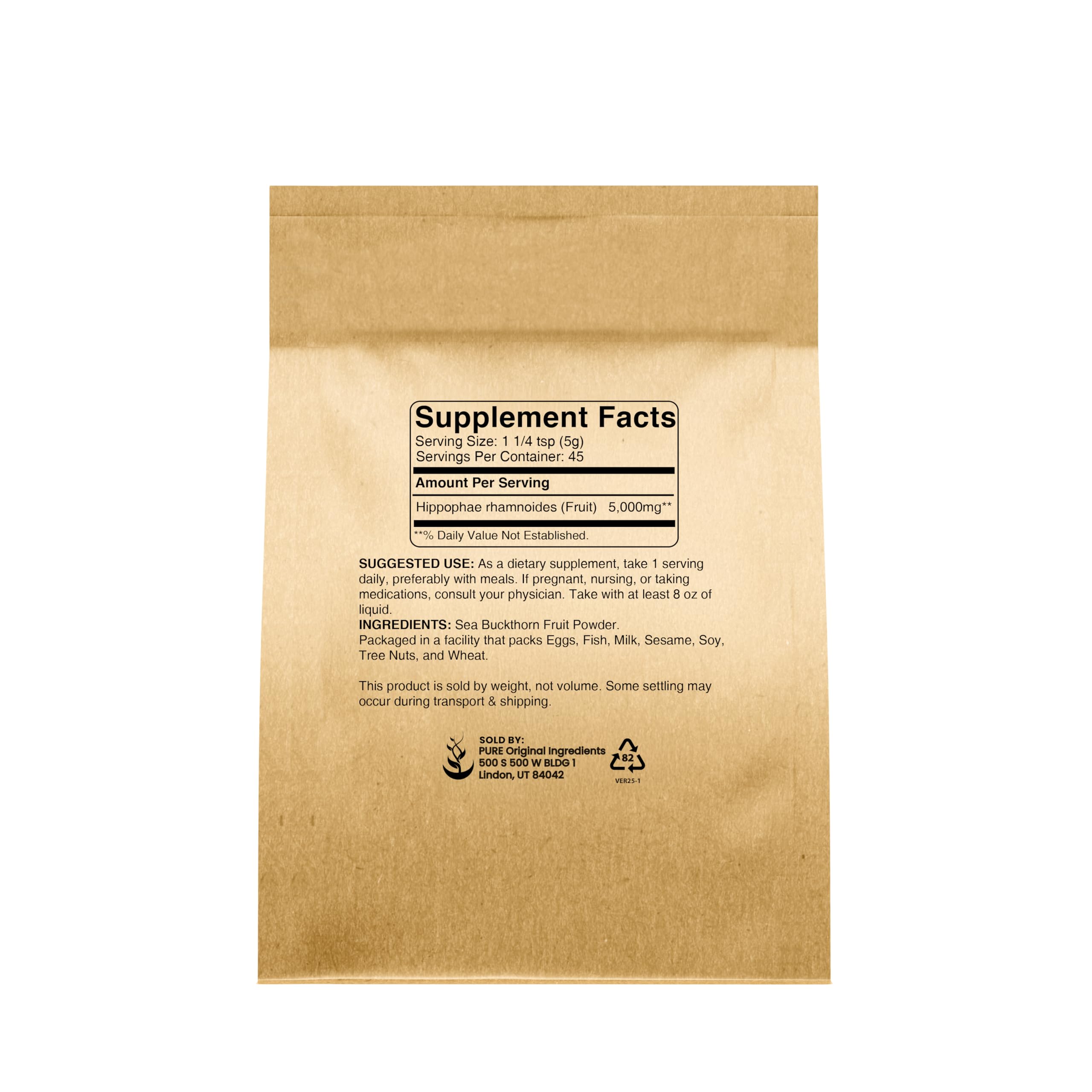 PURE ORIGINAL INGREDIENTS Sea Buckthorn label close-up shows pure, non-GMO sourcing