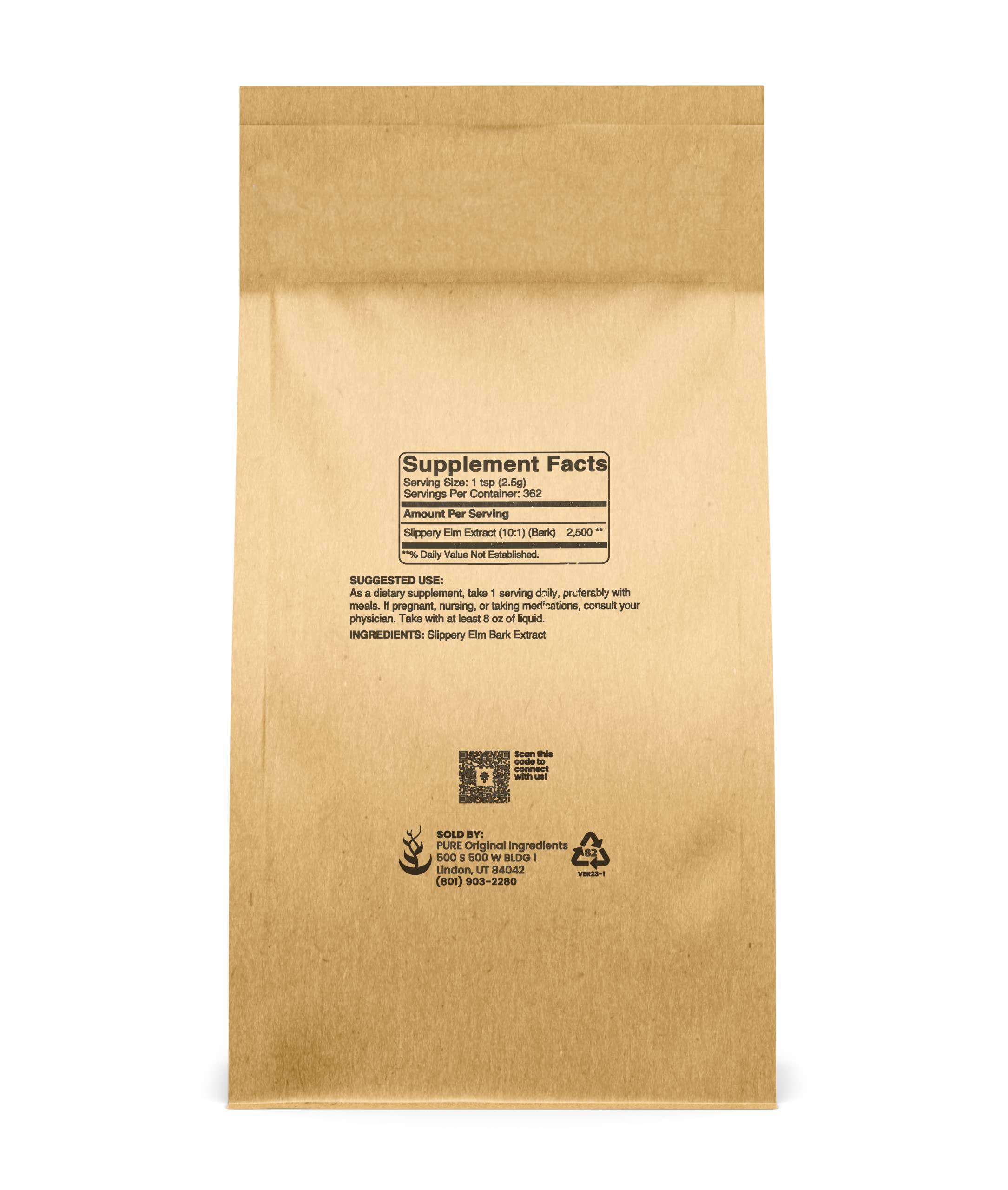 Measuring scoop helps portion PURE ORIGINAL INGREDIENTS Slippery Elm Bark Powder precisely.