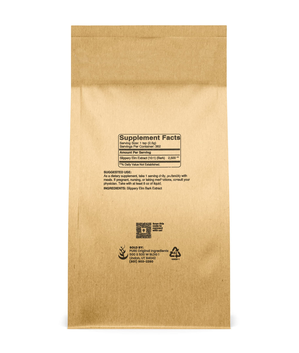 Measuring scoop helps portion PURE ORIGINAL INGREDIENTS Slippery Elm Bark Powder precisely.