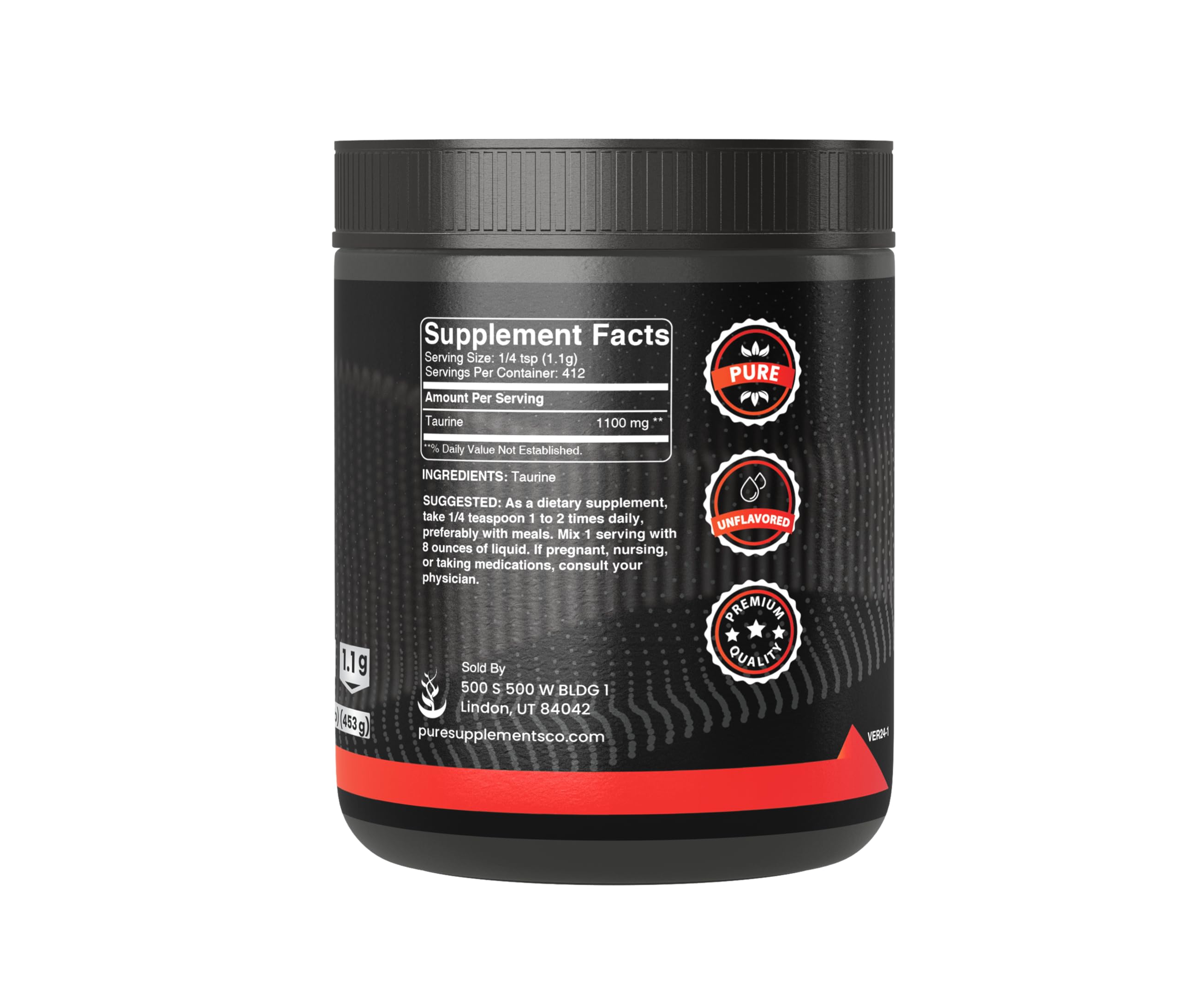 PURE ORIGINAL INGREDIENTS Taurine Powder resealable cap preserves freshness between uses.