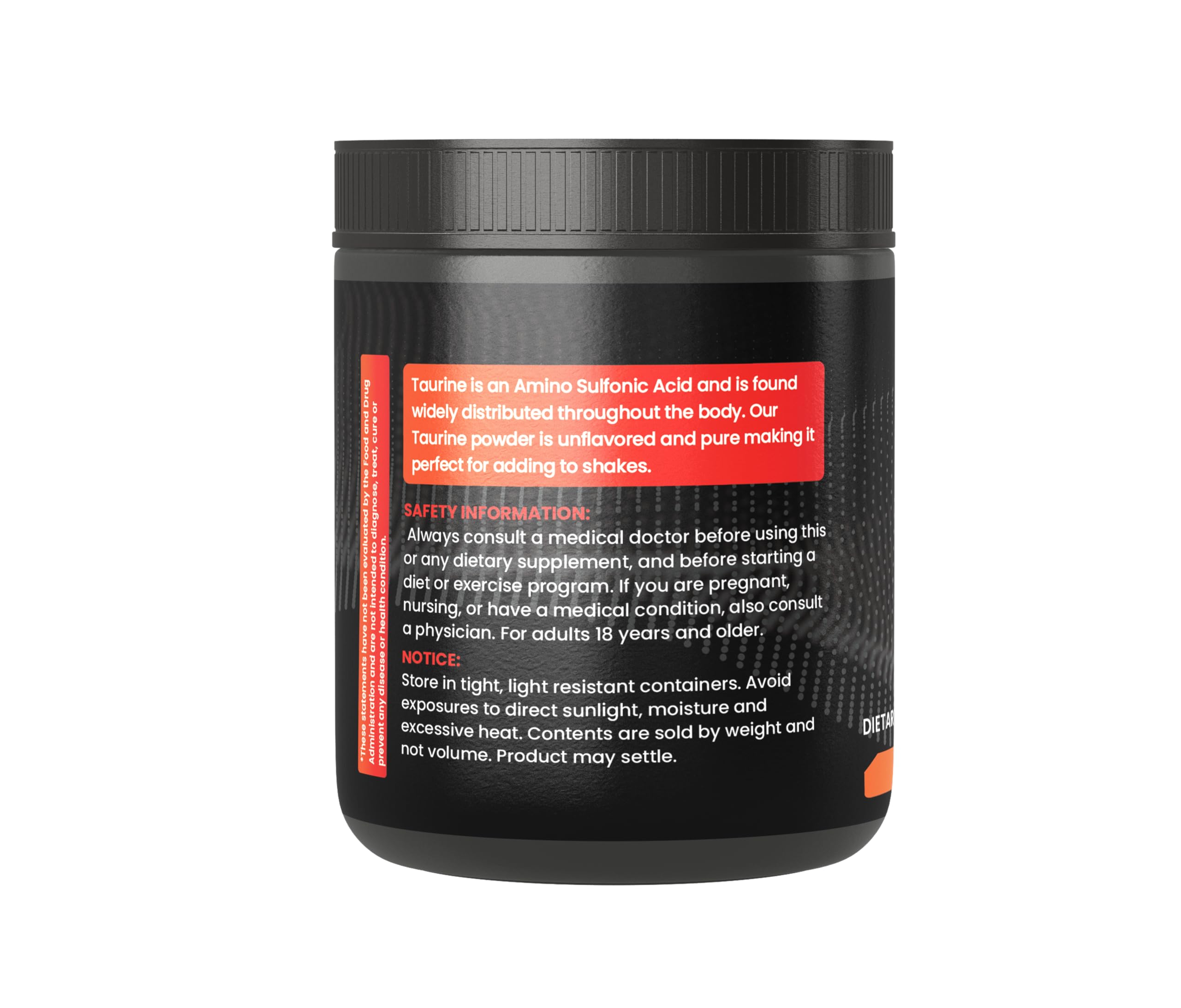 Close-up of PURE ORIGINAL INGREDIENTS Taurine Powder texture ideal for quick mixing.