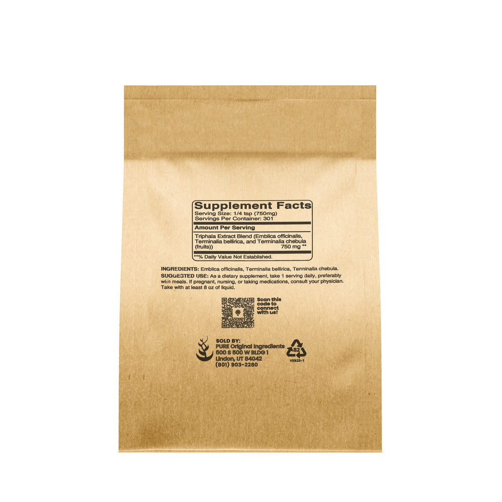 Pure Original Ingredients Triphala powder packaging label highlighting traditional Indian heritage