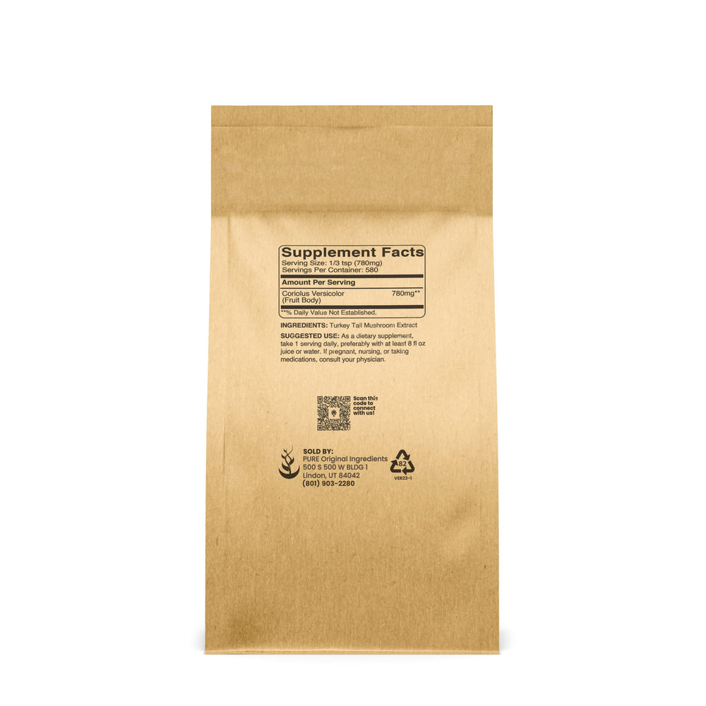 Pure Original Ingredients turkey tail powder scoop closeup, fine texture for blending