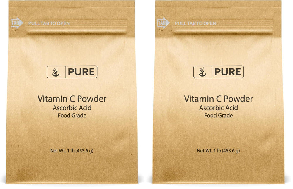 PURE ORIGINAL INGREDIENTS Vitamin C Powder bottle close-up for skin vitality.