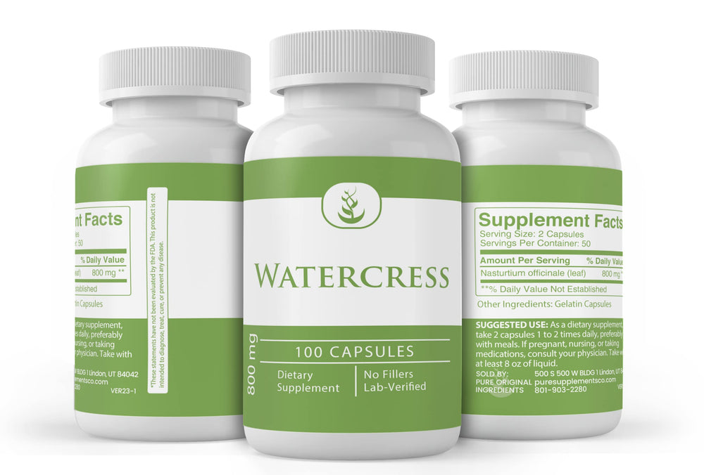 Pure Original Ingredients Watercress capsules packaging shows USA-made quality