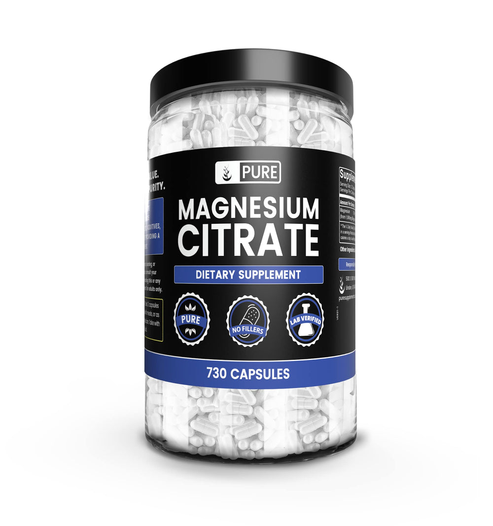 Pure Original Magnesium Citrate capsules in a bottle for easy daily supplementation.