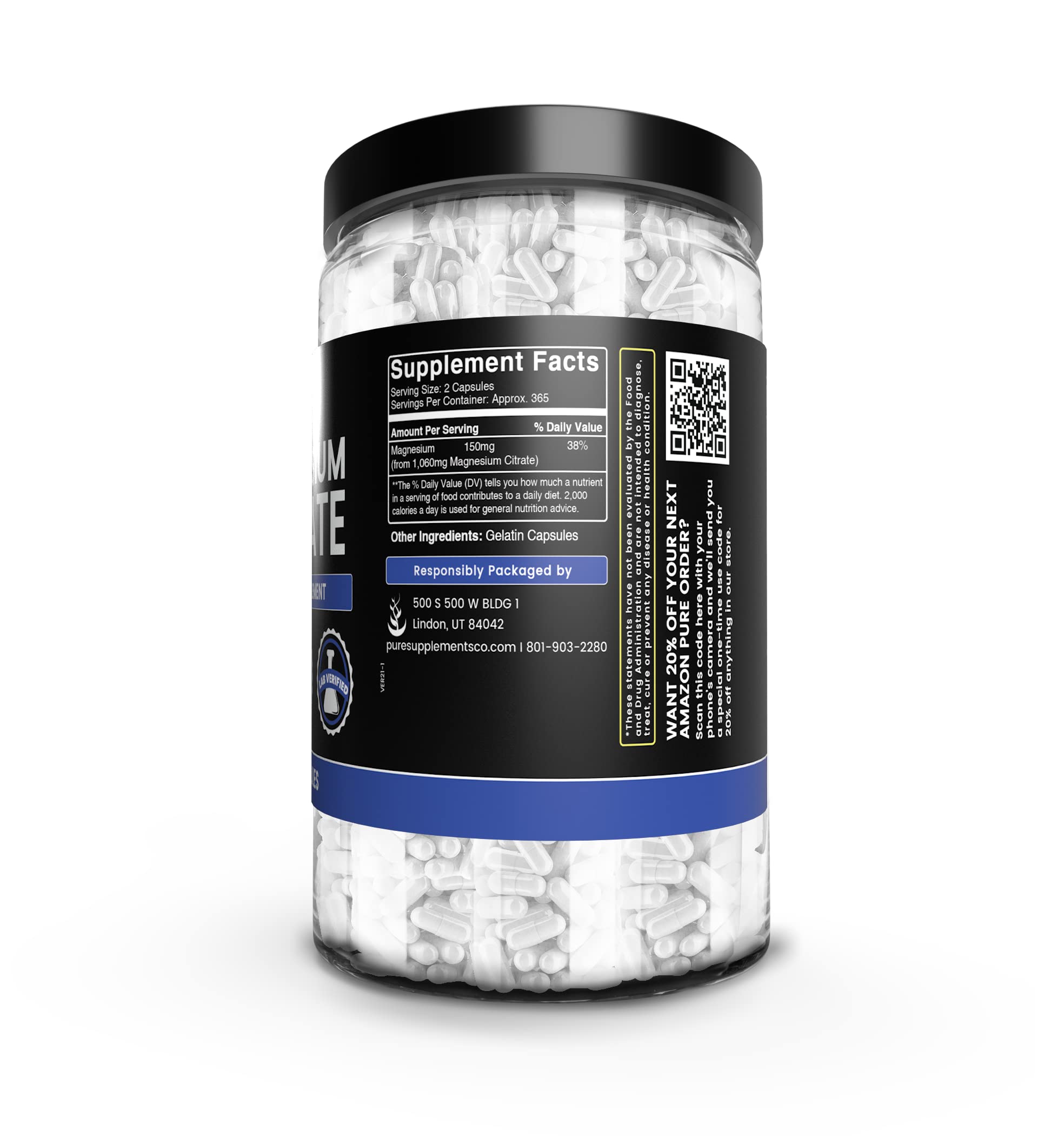 Closeup of Pure Original Magnesium Citrate capsules emphasizes purity.