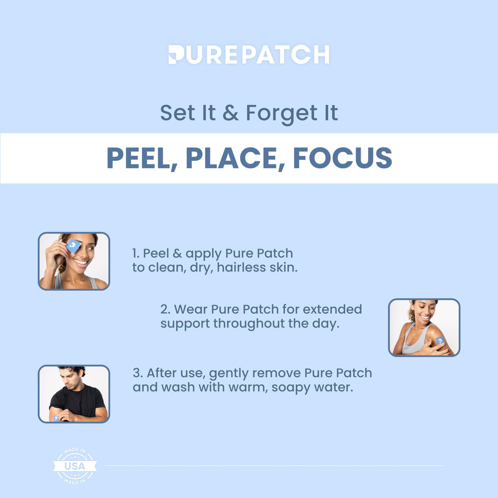 Pure Patch Focus gluten-free vegan logo emphasizes clean formula.