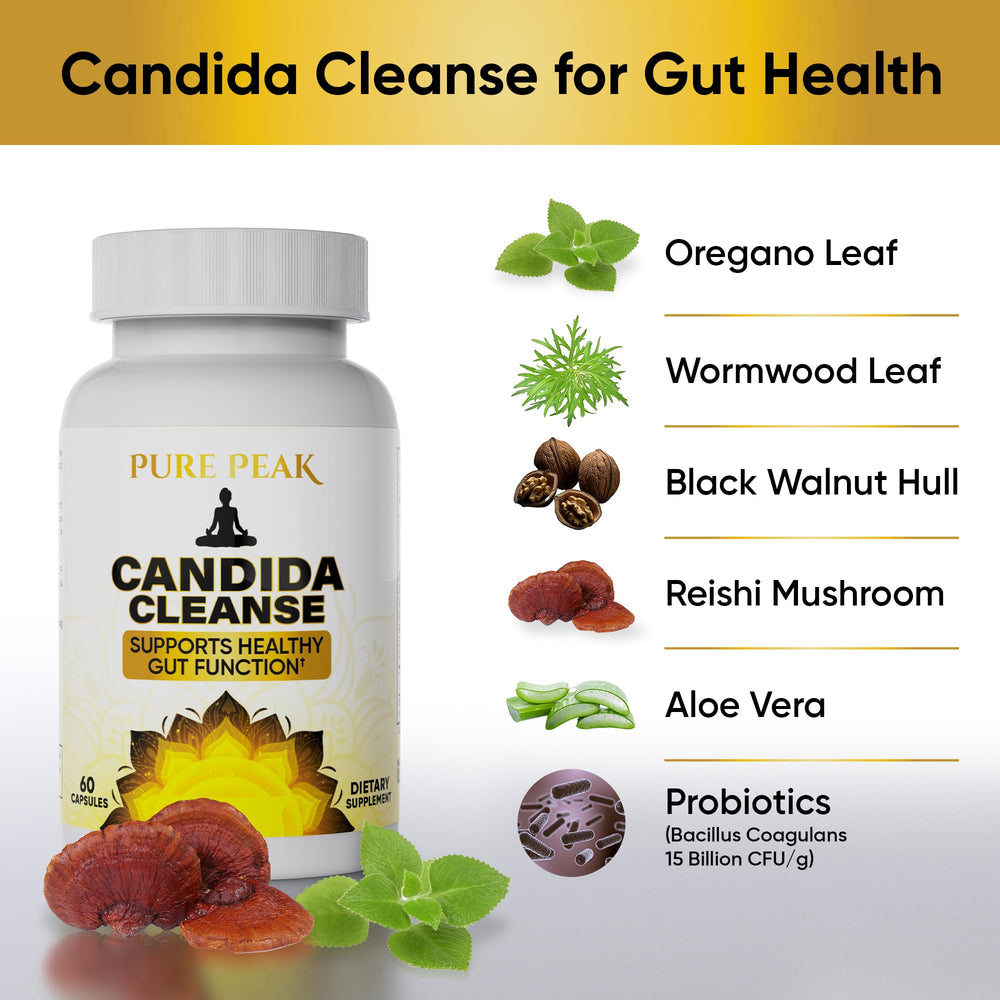 Pure Peak Candida Cleanse black walnut component visible in the herbal blend.