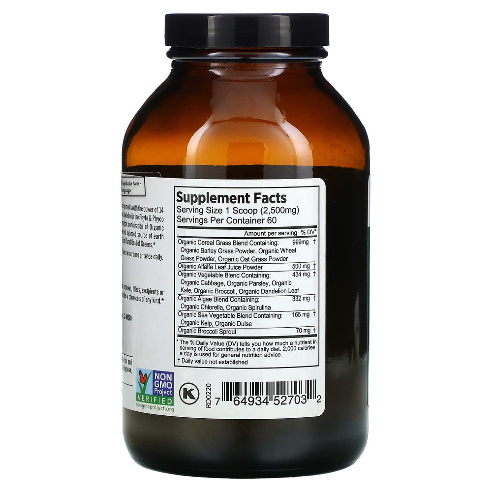 Back label on PURE PLANET Best of Greens shows USDA Organic and Non-GMO details.