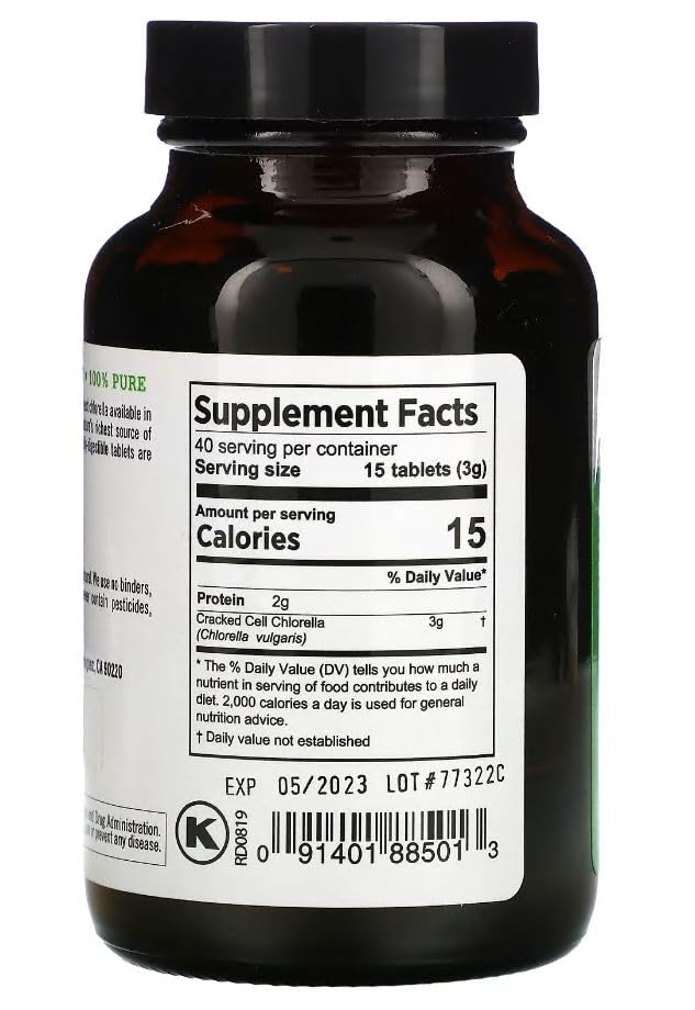 Close-up of Pure Planet Chlorella tablets highlighting convenient daily dosage