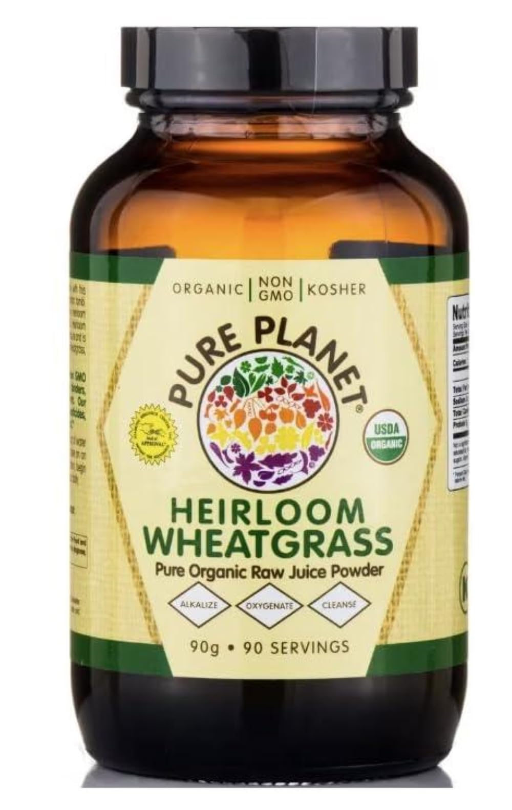 Pure Planet Heirloom Wheatgrass bottle showing 90 servings for energy support and detox