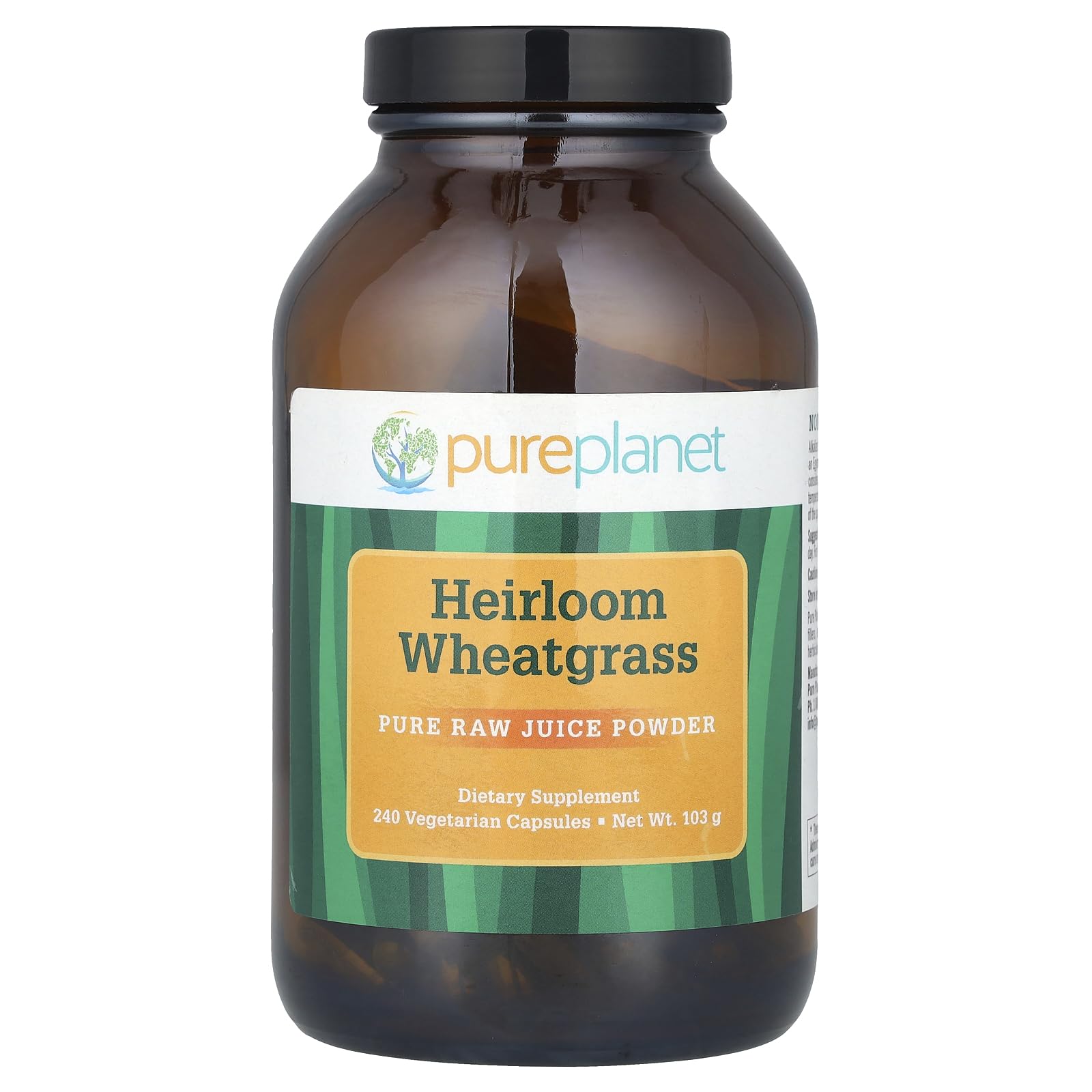 Pure Planet Heirloom Wheatgrass capsules bottle for convenient daily nutrition.