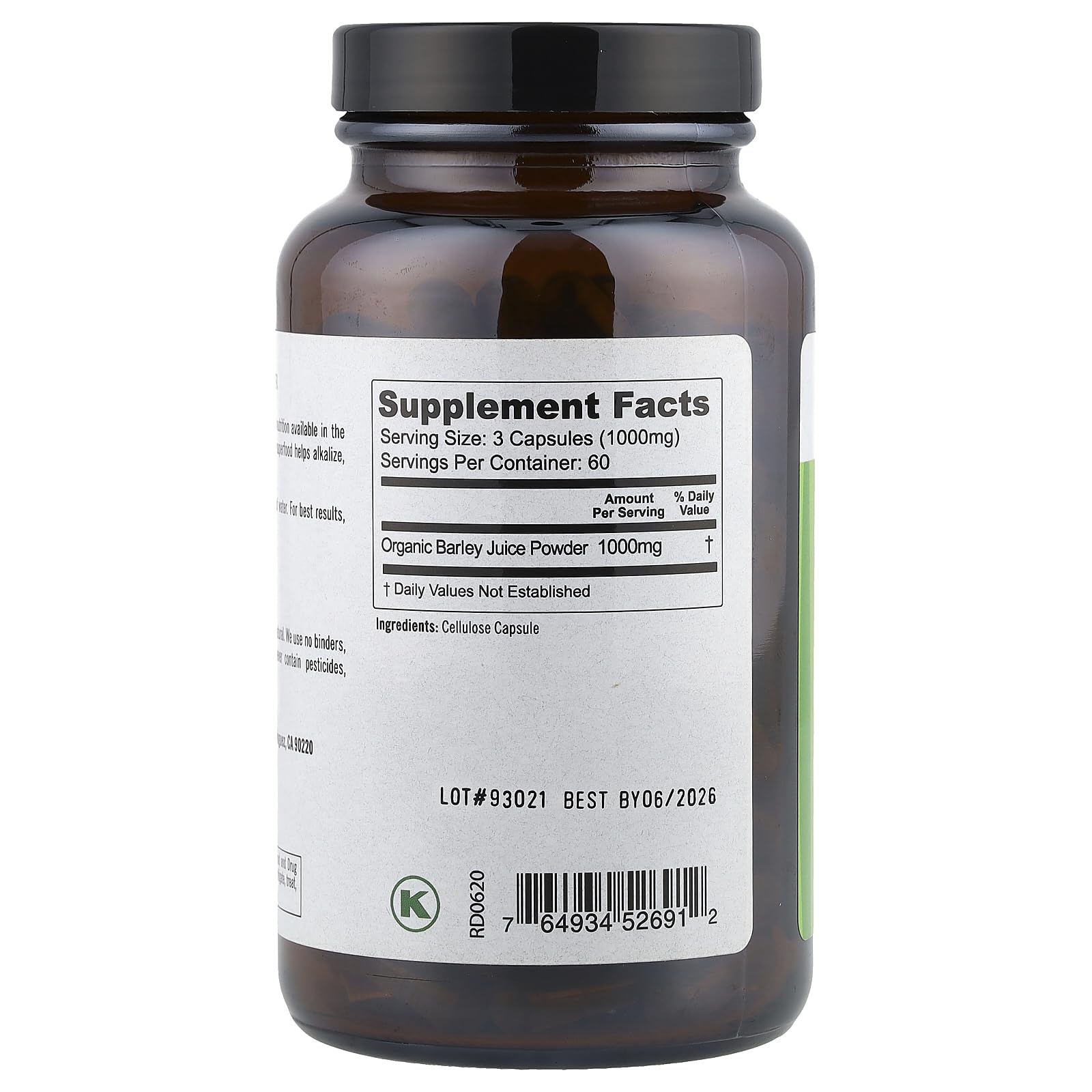 Pure Planet Just Barley bottle label highlights non-GMO, gluten-free and preservative-free benefits