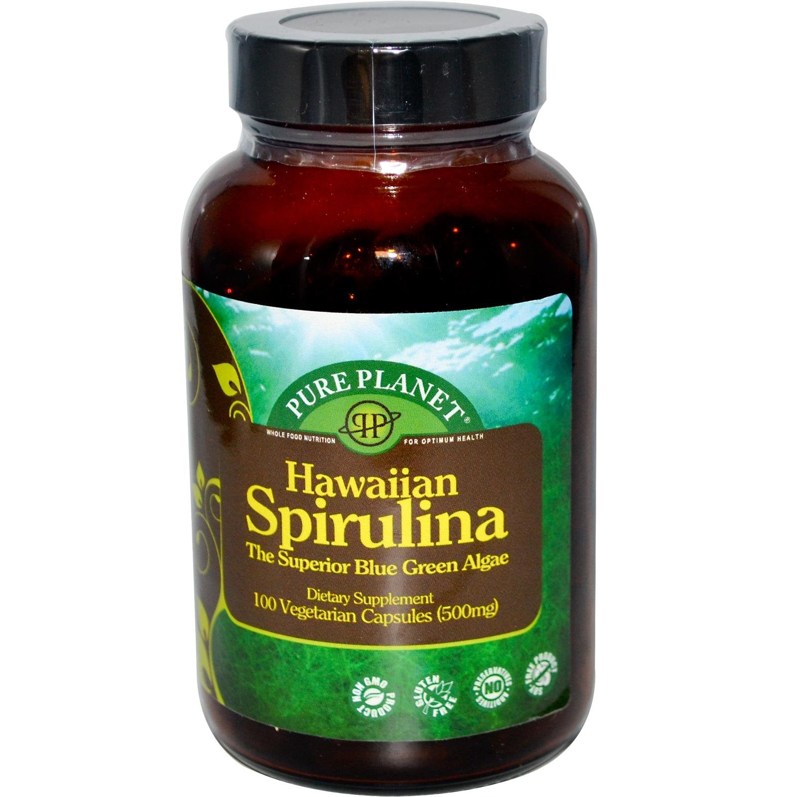 PURE PLANET Spirulina 100 CT bottle front view for protein-rich daily nutrition