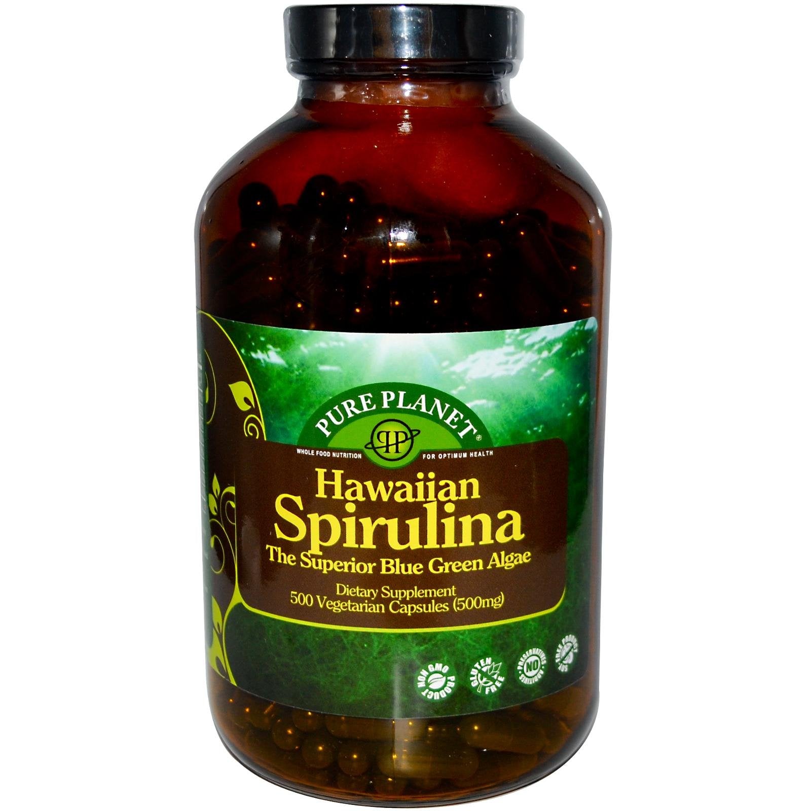 Pure Planet Spirulina capsules bottle, plant-based daily wellness support.