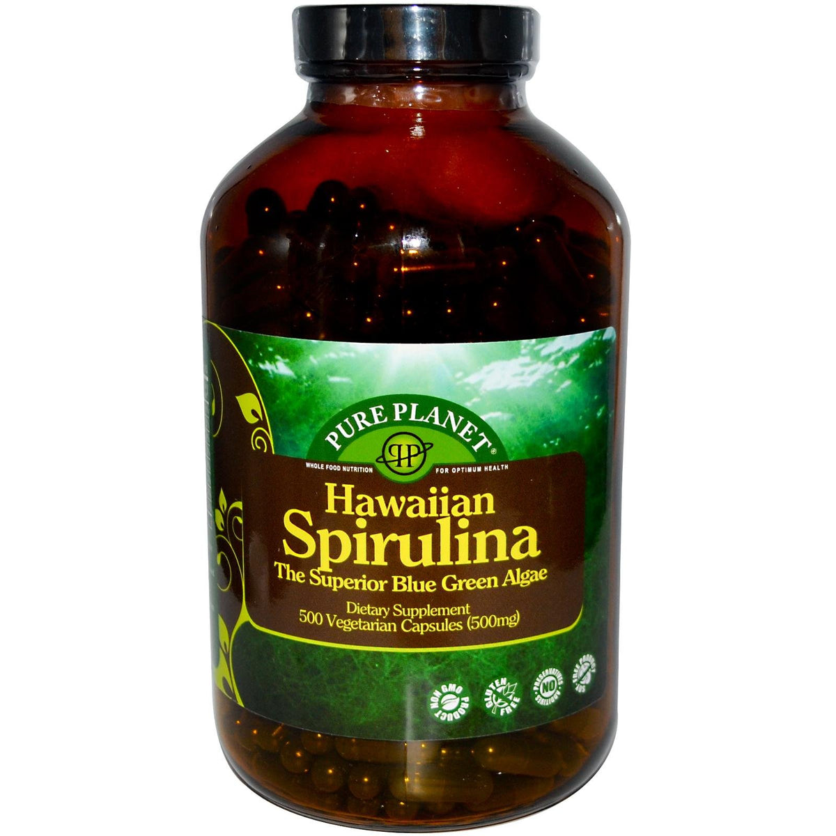 Pure Planet Spirulina capsules bottle, plant-based daily wellness support.
