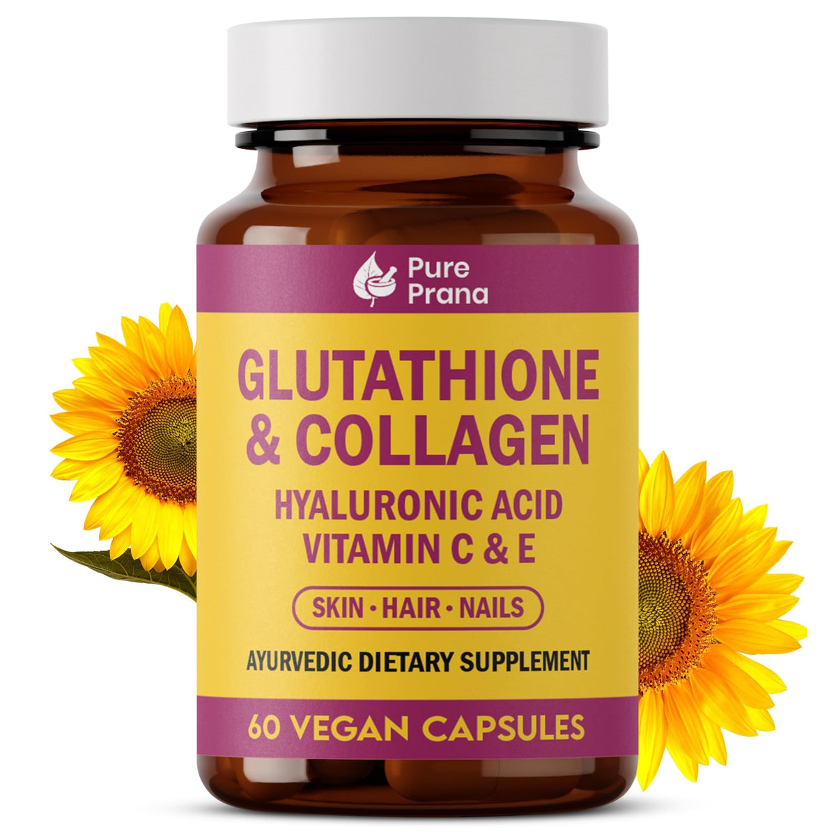 Pure Prana Glutathione 300mg bottle front for radiant skin support.