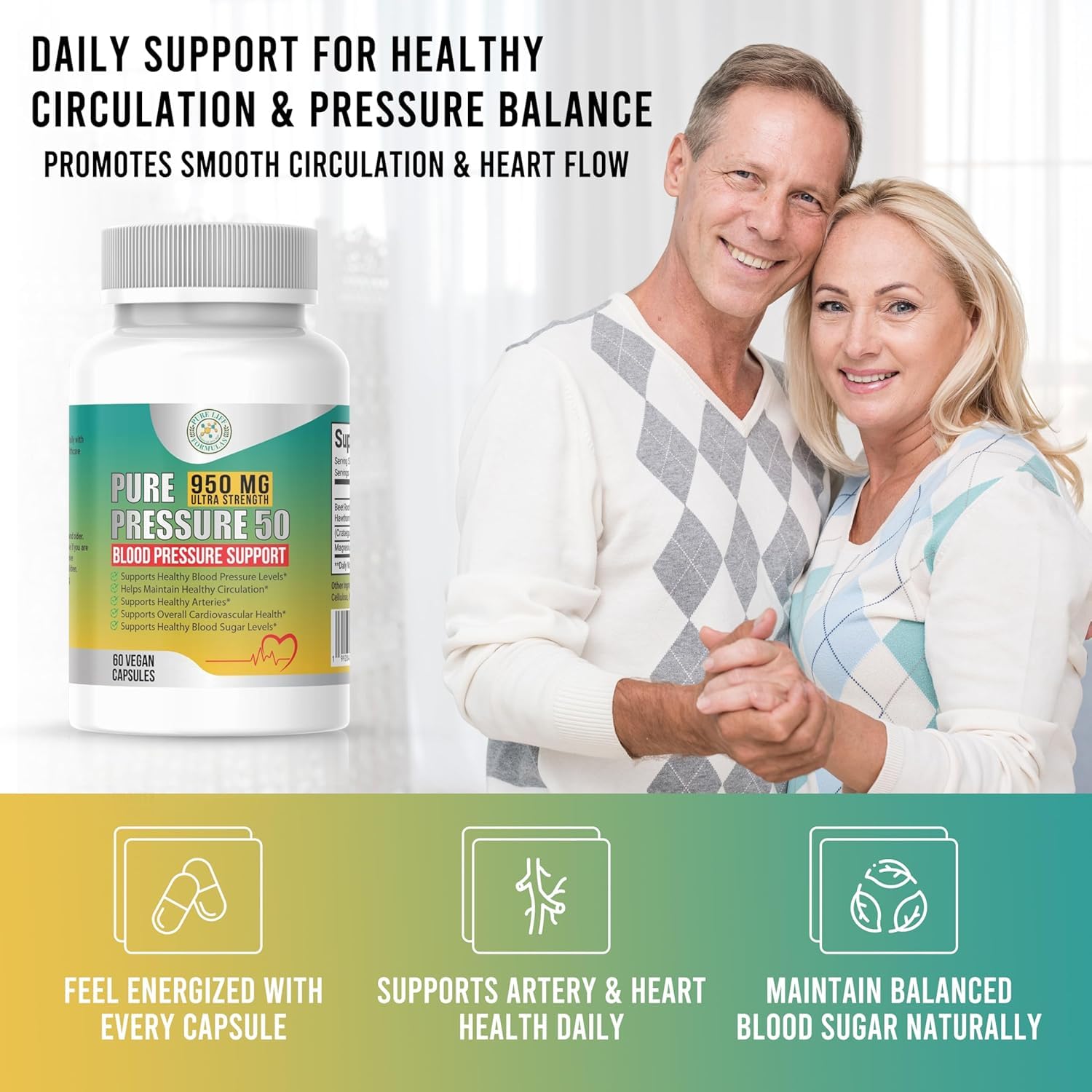 Pure Pressure 50 capsule stack showing the daily two-capsule serving