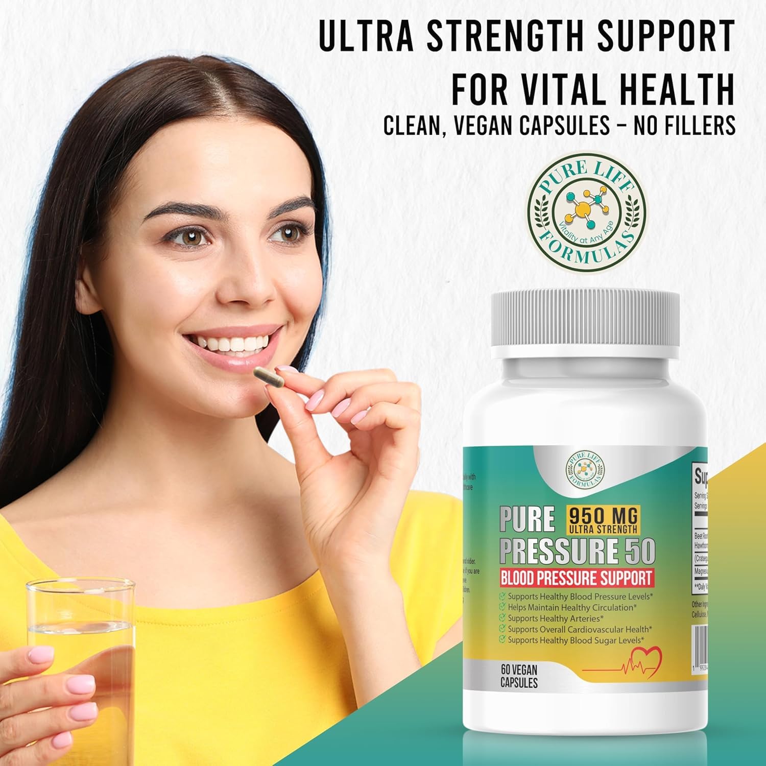 Pure Pressure 50 label emphasizing gluten-free and non-GMO icons