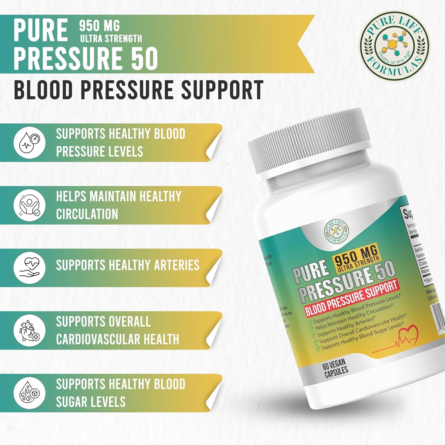 Pure Pressure 50 hawthorn berry capsules highlighting heart support