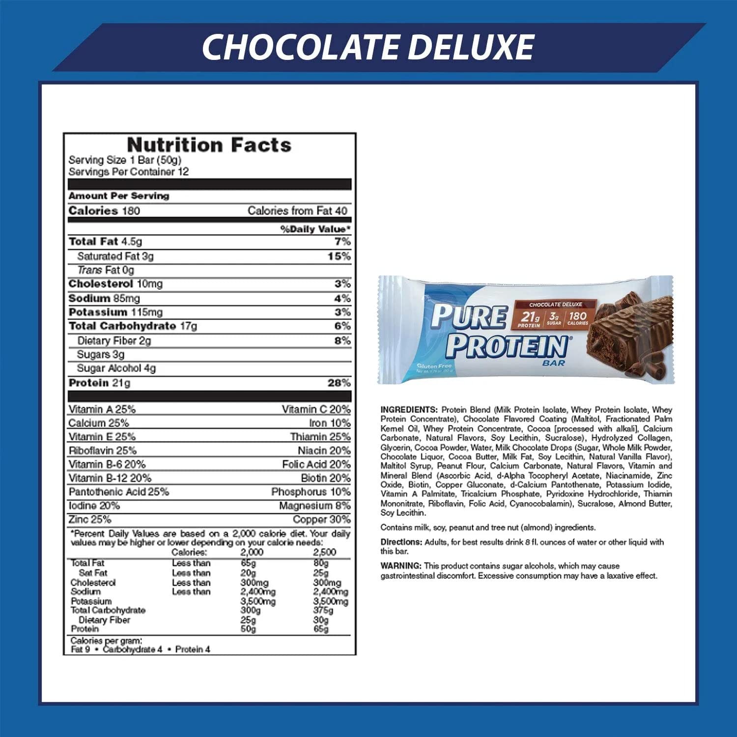 Chocolate Deluxe bars on wrapper, rich chocolate flavor with steady protein.