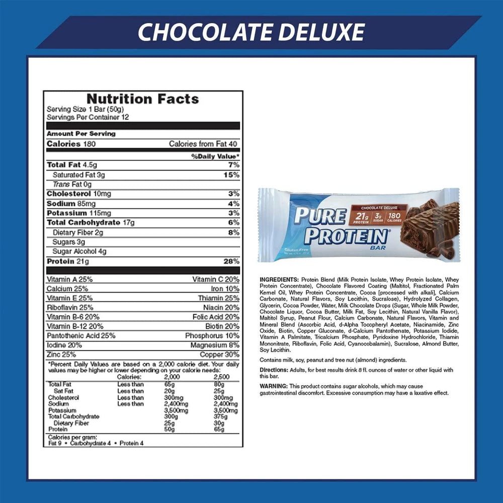 Chocolate Deluxe bars on wrapper, rich chocolate flavor with steady protein.