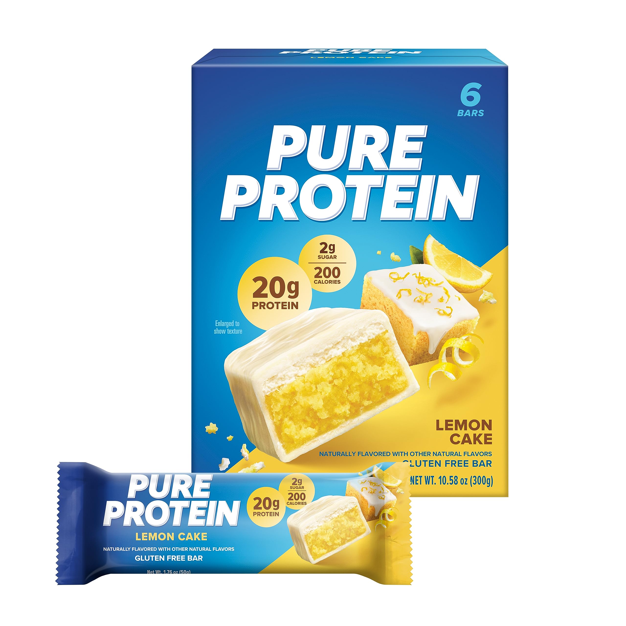 Pure Protein Lemon Cake bar, 6-count pack, on-the-go energy snack.