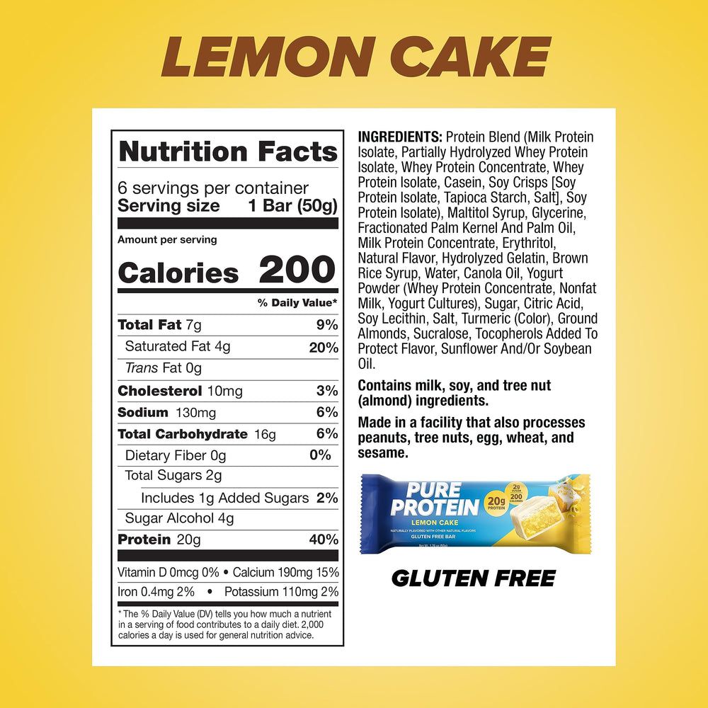 Pure Protein Lemon Cake bar with 3 g sugar for a mindful treat.