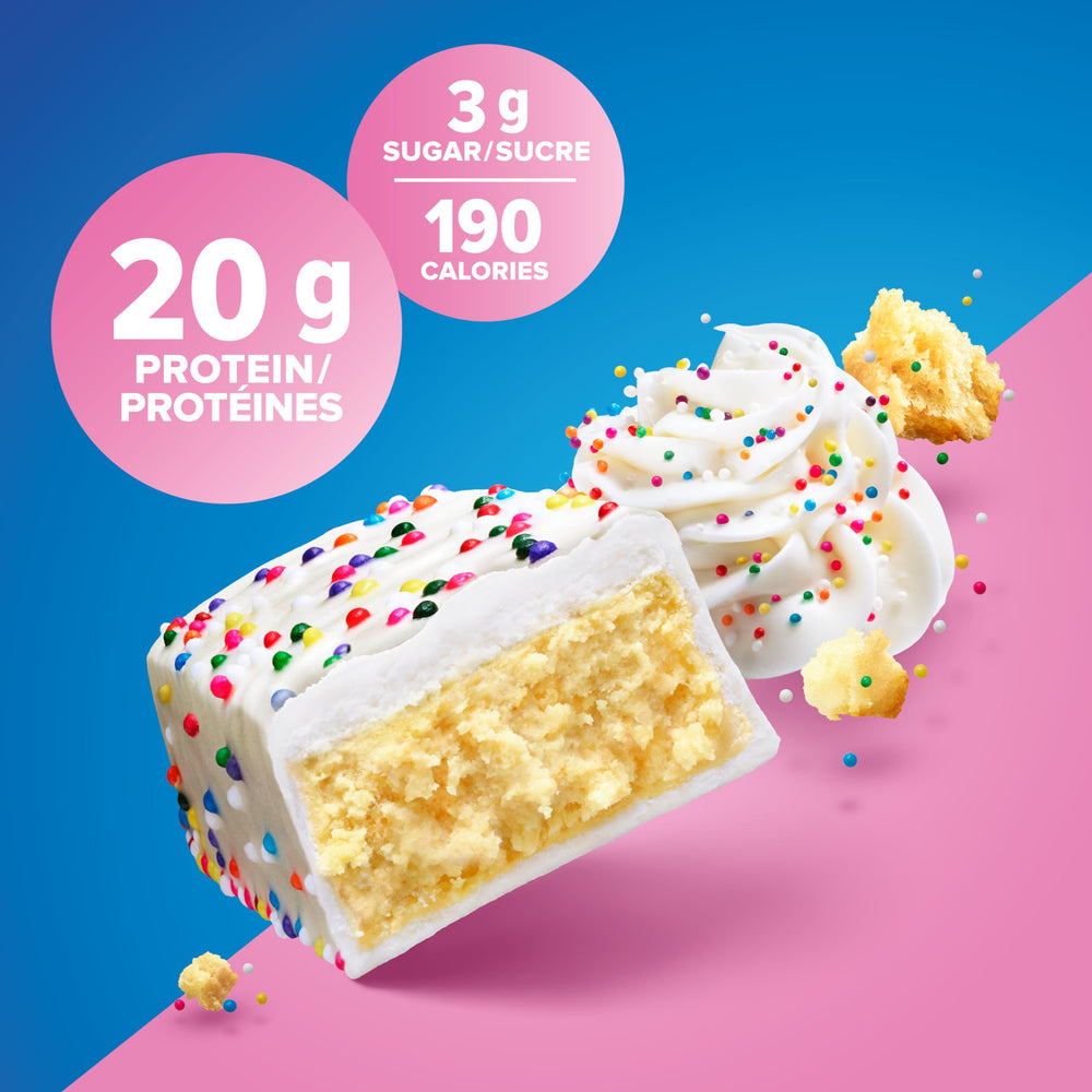 Pure Protein Birthday Cake bar nutrition label close-up.