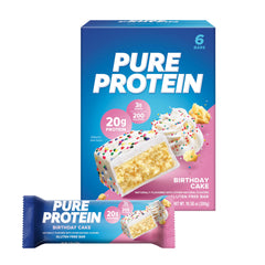 Pure Protein Birthday Cake bar pack, high-protein snack for busy days.