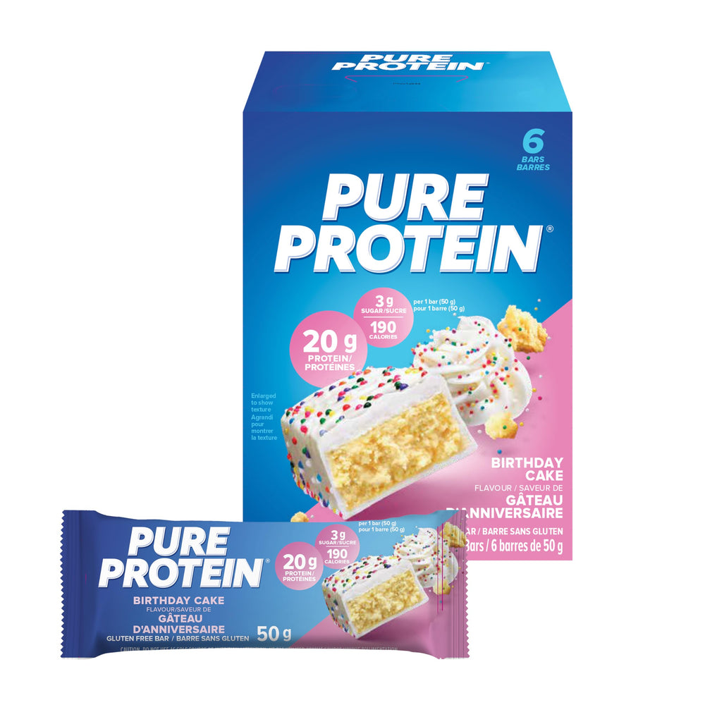 Pure Protein Birthday Cake bar packaging, gluten-free snack for on-the-go.