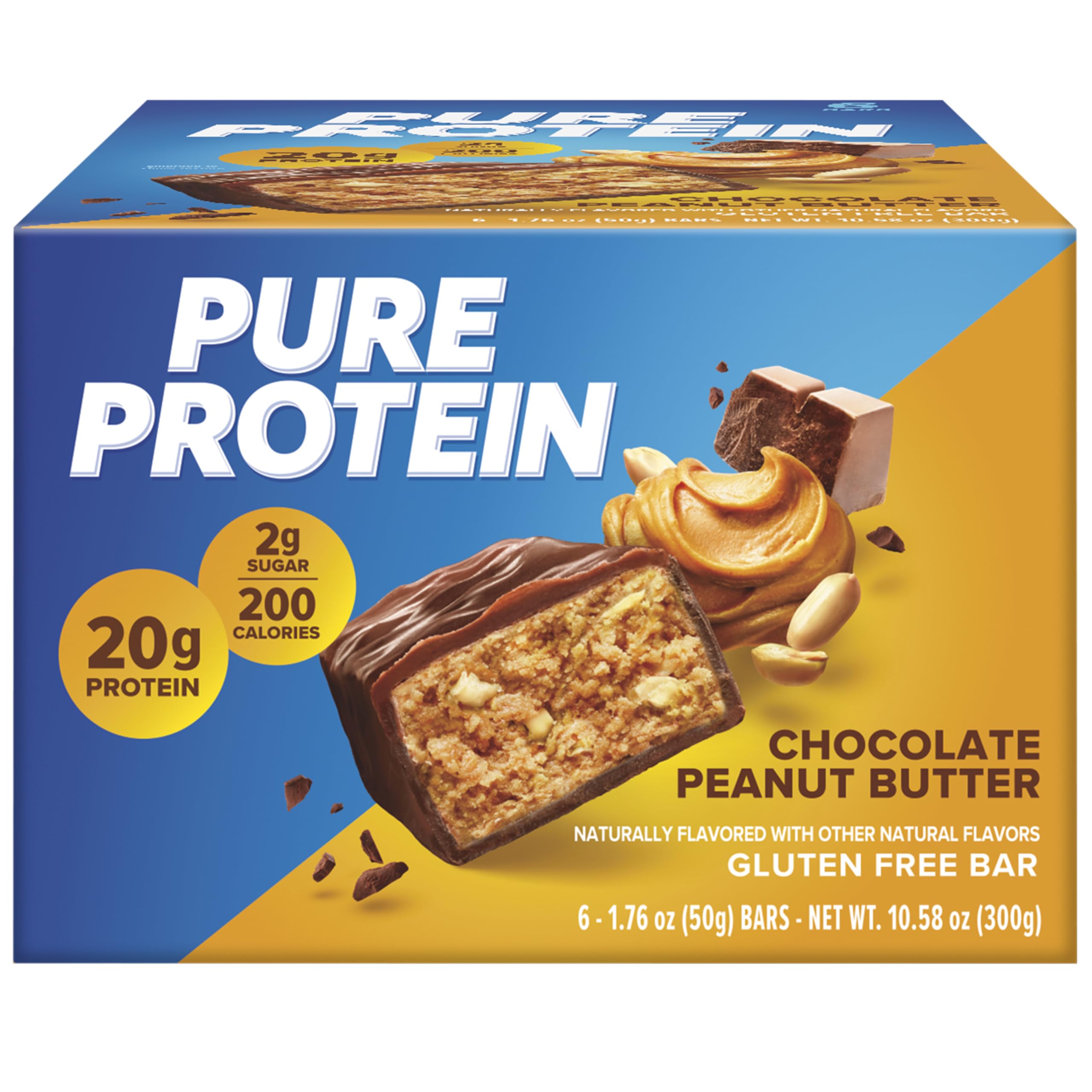 Pure Protein chocolate peanut butter bar in hand, easy to carry.