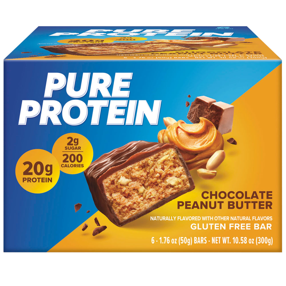 Pure Protein chocolate peanut butter bar in hand, easy to carry.