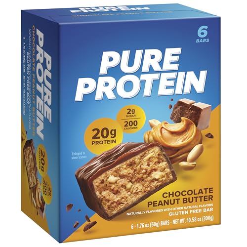 Pure Protein bar nutrition facts close-up, highlights high protein and gluten-free qualities.