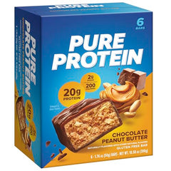 Pure Protein bar nutrition facts close-up, highlights high protein and gluten-free qualities.