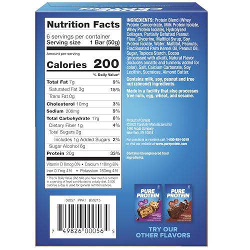 Pure Protein chocolate peanut butter bar pack shot, six-pack for convenient snacking.