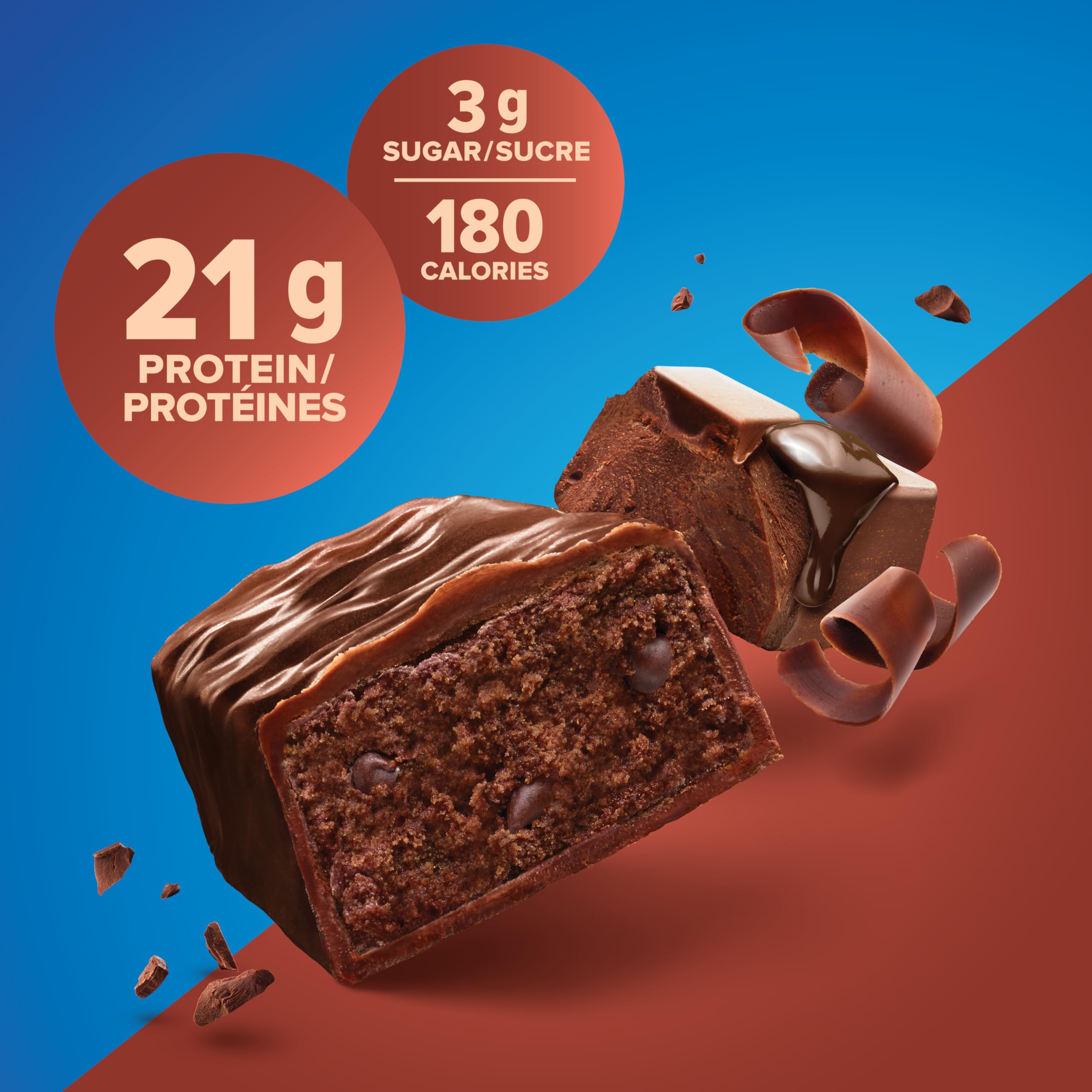 Pure Protein gluten free chocolate bar cross-section, chewy center visible.