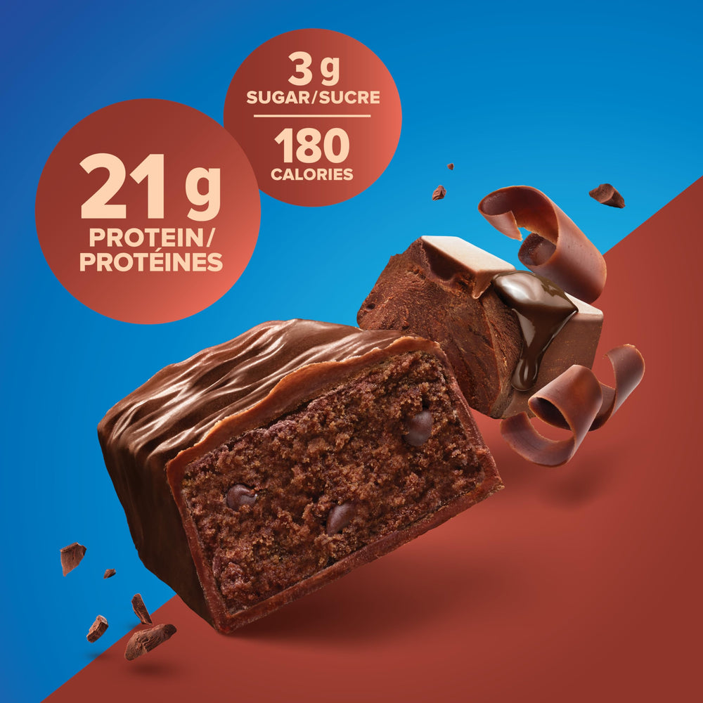 Pure Protein gluten free chocolate bar cross-section, chewy center visible.