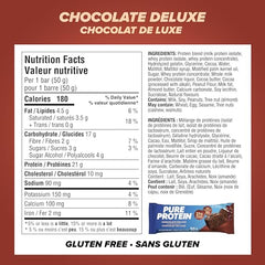 Pure Protein gluten free chocolate bar unwrapped, rich cocoa aroma.