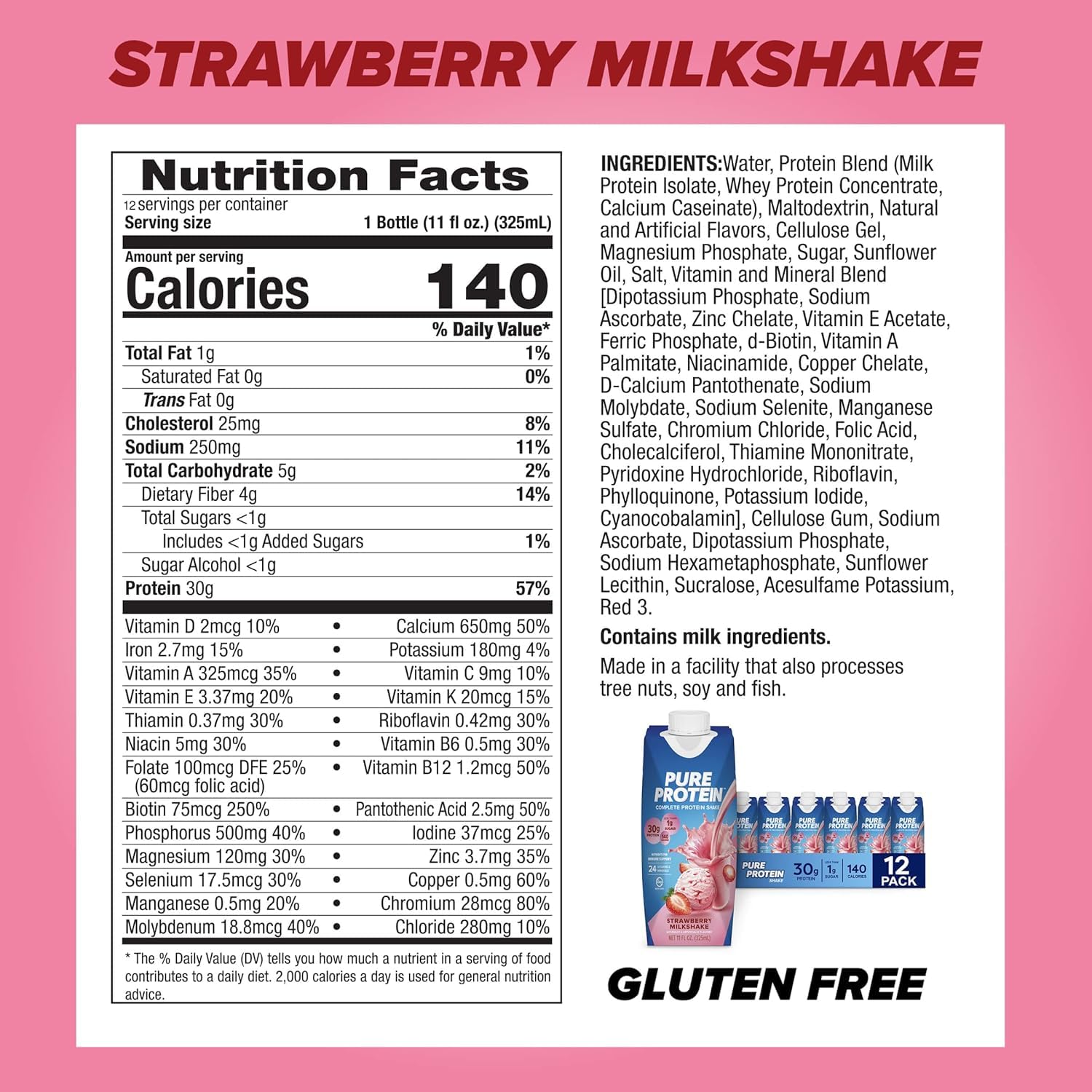 Pure Protein shake nutrition label highlights 30g protein and low sugar.