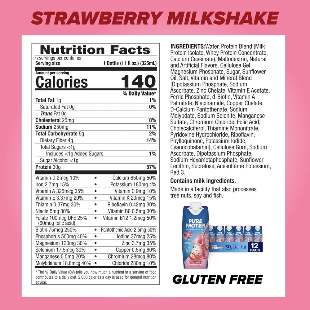 Pure Protein shake nutrition label highlights 30g protein and low sugar.