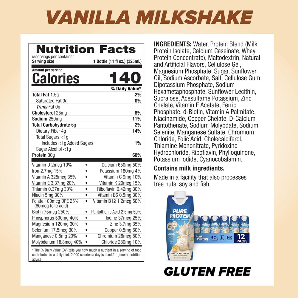 Pouring Pure Protein shake into a glass highlights smooth texture for quick refreshment.