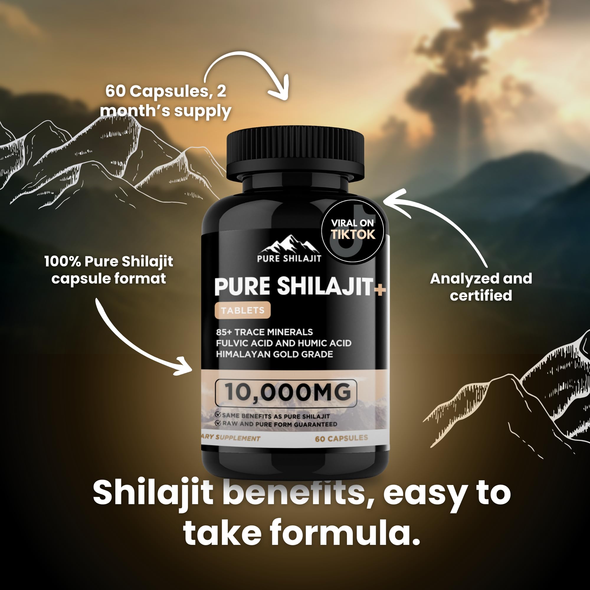 Pure Shilajit capsules Himalayan resin image highlights natural purity and minerals.