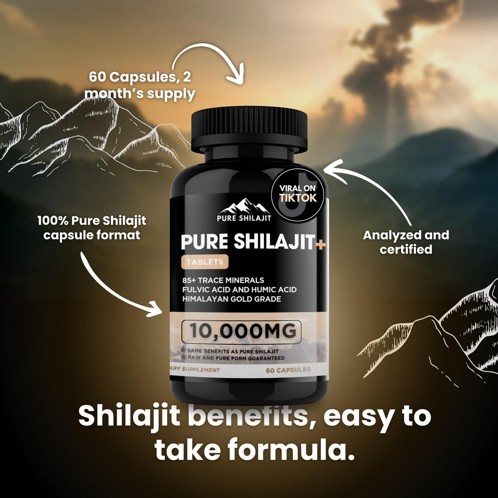 Pure Shilajit capsules Himalayan resin image highlights natural purity and minerals.